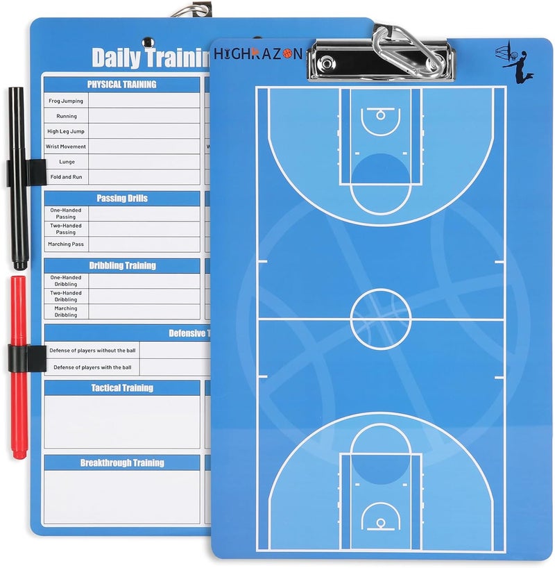 HIGHRAZON Basketball Coaches Clipboard, Blue Double-Sided Dry Erase Coach Clipboard, Basketball for Training, White Board with Marker for Coaches Gift - Image 1